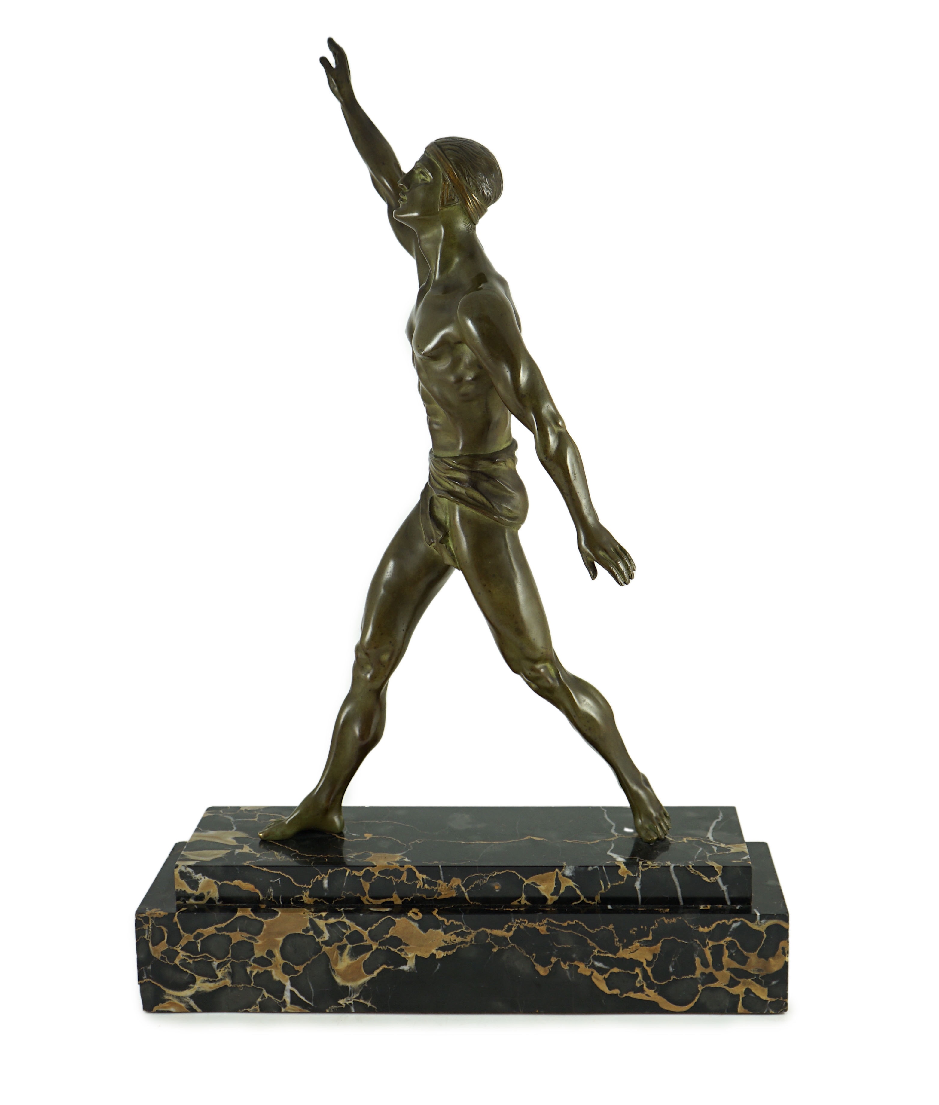 Editions Reverolis of Paris. A 1930's French Art Deco bronze figure of a classical athlete standing with raised arm, width 51cm, depth 15cm, height 76cm